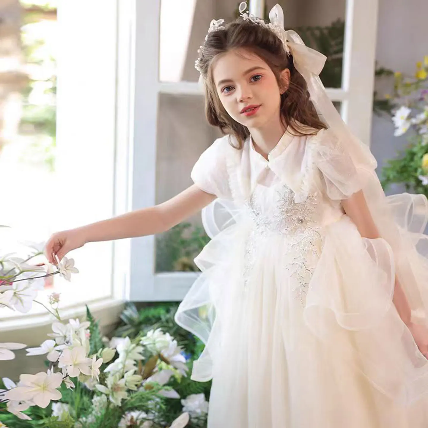 Jill Wish J528 elegante vestido de niña de flores de encaje Beige con cuentas hasta el té princesa niños boda fiesta de cumpleaños vacaciones vestido de graduación
