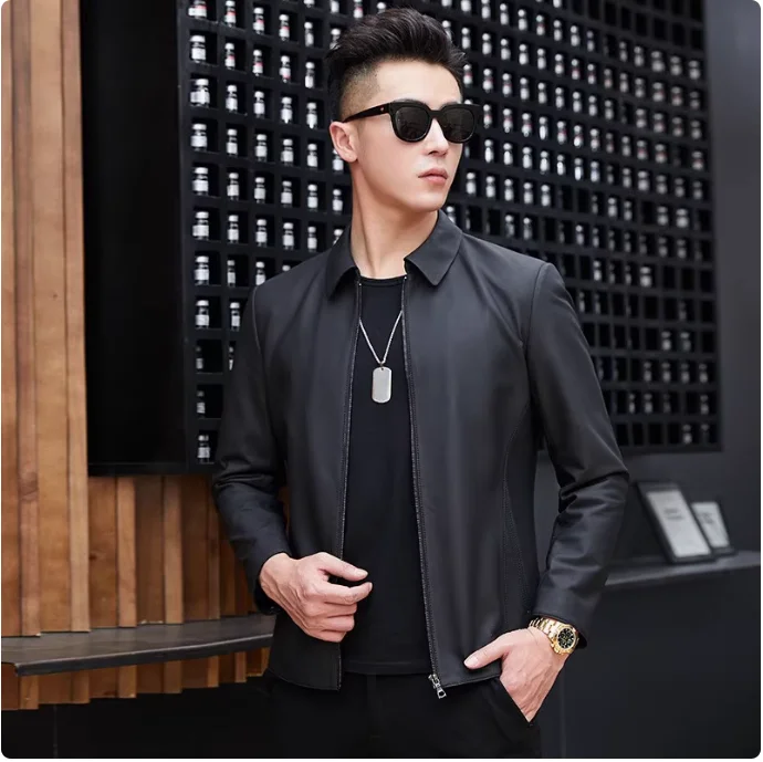 AYUNSUE Fashion Men Leather Jacket Casaul Slim Stand Collar Real Sheepskin Coat Spring Men's Clothing Biker Coats and Jackets view 5