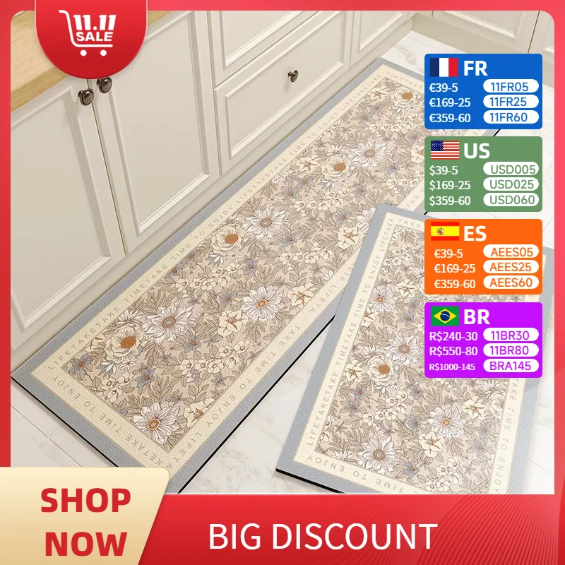 Kitchen Pvc Floor Mat Leather Waterproof Non-slip Carpet Oil-proof Foot Mats Pink Flower Pattern Home Decoration Rug Vinyl Rugs