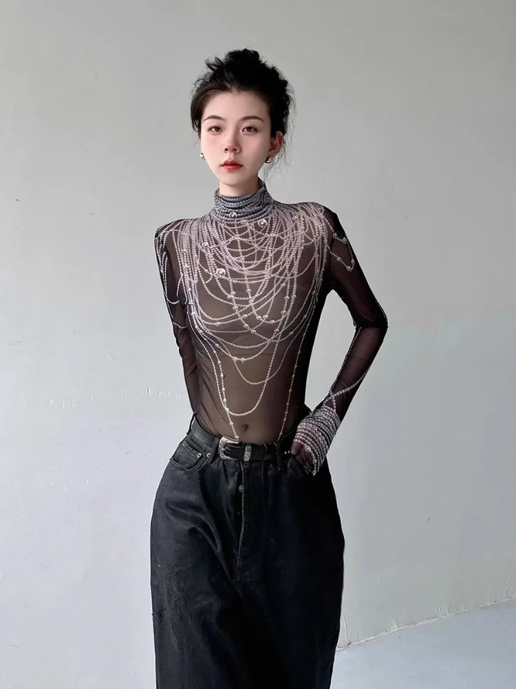 3D Pearl Print Half-high Collar T-shirts Spring New Slim Fit See Through Mesh Tees Y2k E-Girl Long Sleeve Bottoming Tops Women