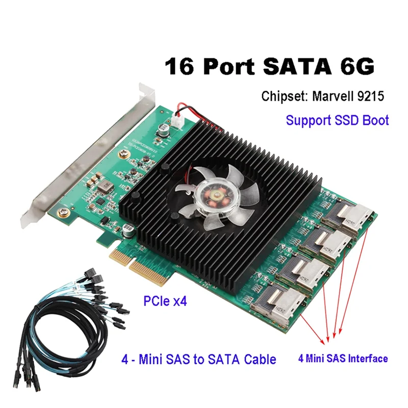 AT87-16 Ports SATA 6G PCI Express X4 Controller Card Marvell 88SE9215 Chipset PCIe SATA III 3.0 with Mini SAS to 4 Sata Cable