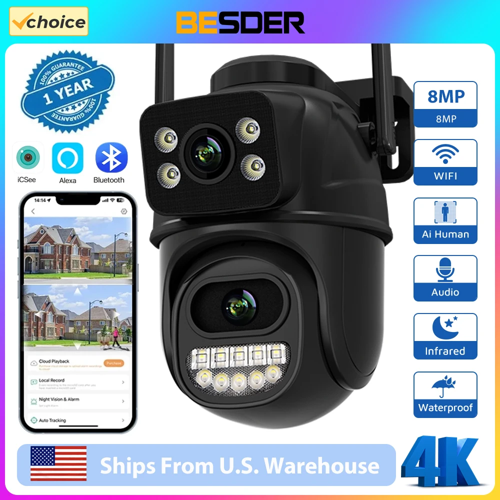 BESDER PTZ 8MP Wifi Camera Dual Screen Auto Tracking Color Night Vision Outdoor CCTV Camera IP 4K Security Protection iCSee App