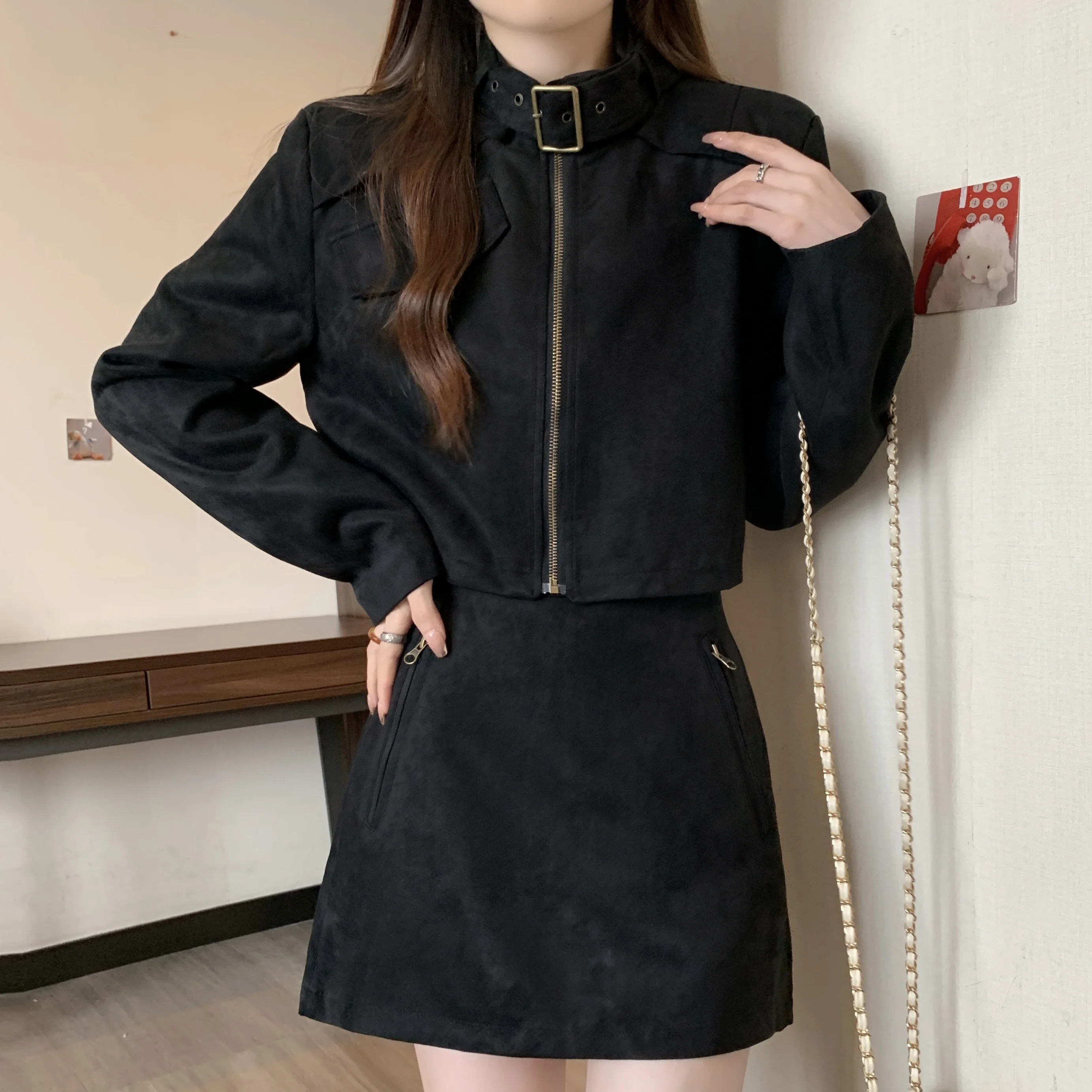 

Advanced Women's Two-piece Fashion Temperament Short Leather Jacket High Waist Slim Fit A-line Skirt 2025 Autumn Skirt Set