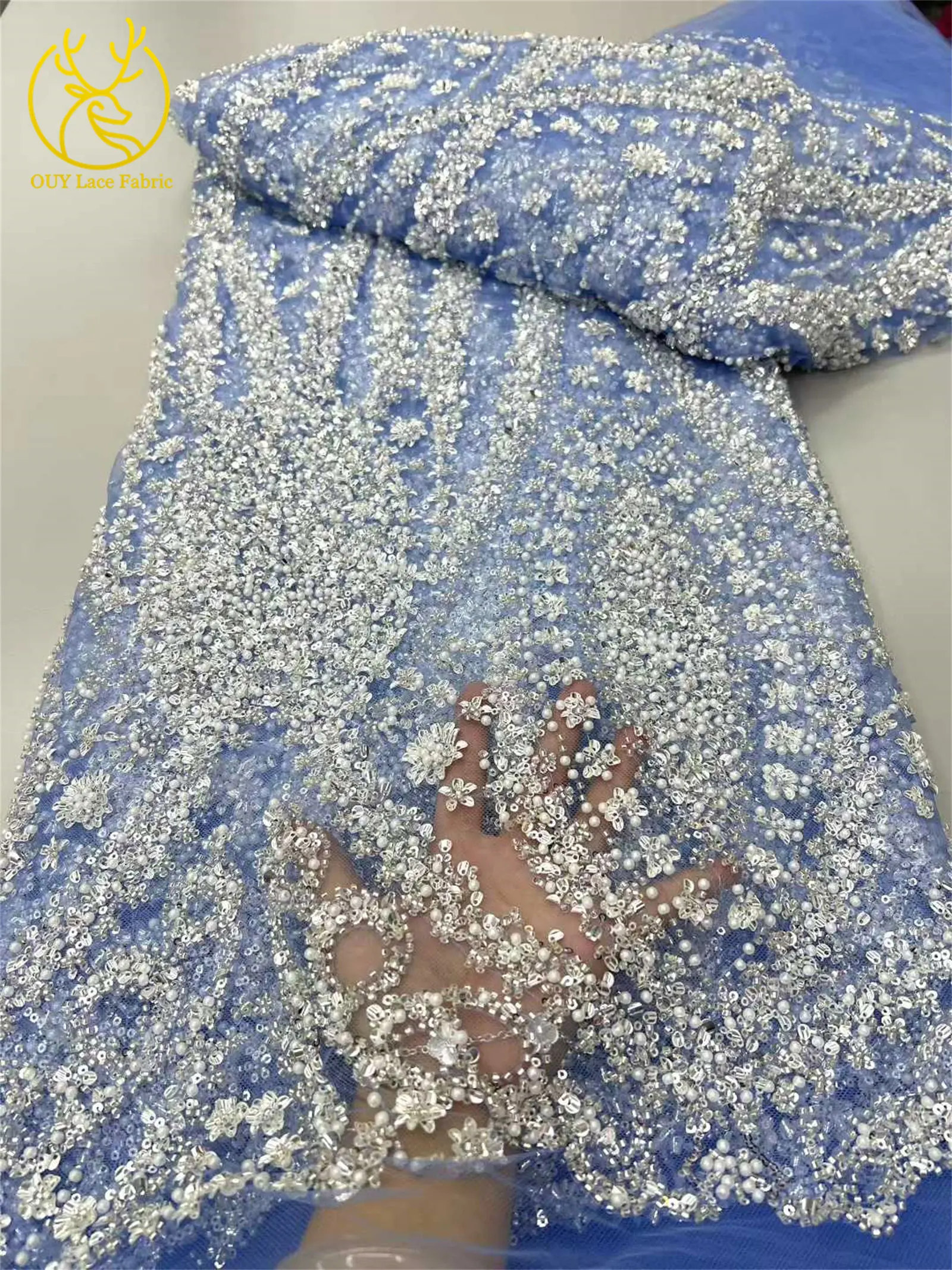 2025年 エレガント アフリカ ナイジェリア ファッション ビーズ レース ハイエンド 高級 フランス スパンコール メッシュ レース 生地 レディース イブニングドレス パーティー 5Y