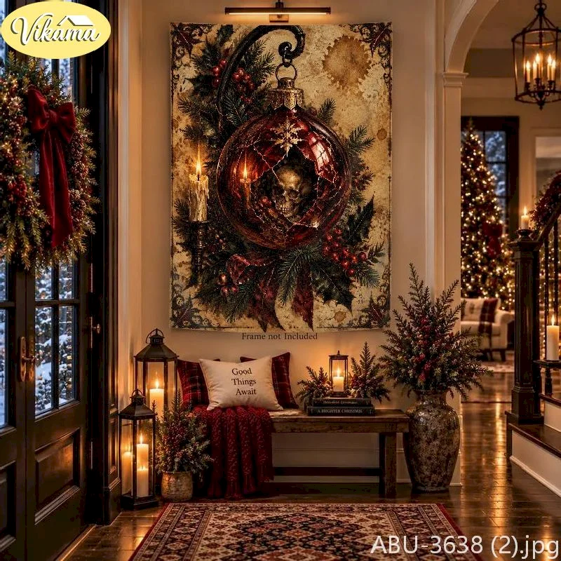 VIKAMA Christmas Tapestry Wall Hanging Vintage Wreath Holly Antique Bells Burgundy Ribbon Distressed Xmas Decor