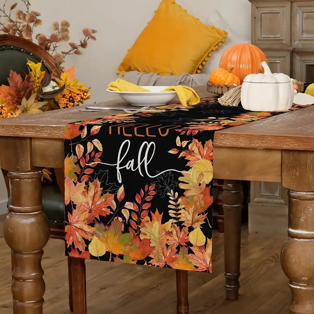 Thanksgiving Maple Leaf Table Runner Black Burlap Kitchen Table Decorations for Home Gathering Wedding Party Accessories