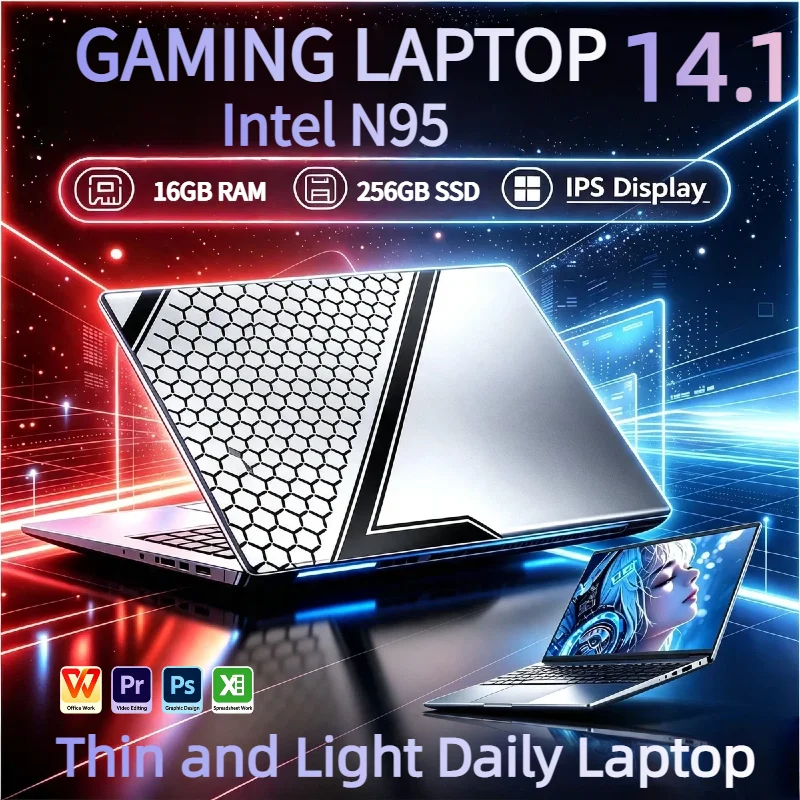 New Intel N95 14.1 Inch Laptop 16GB RAM 2TB SSD 1920x1080 Ultra Slim 4C4T 3.4GHz Office Study Home Notebook PC Pro Max Speed