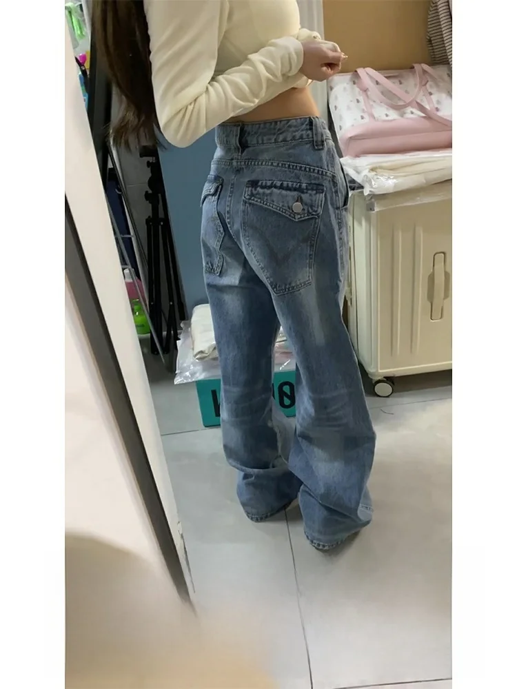 Plus size americano sle perna reta denim jeans feminino outono inverno novo design ket bordado magro calças de perna larga