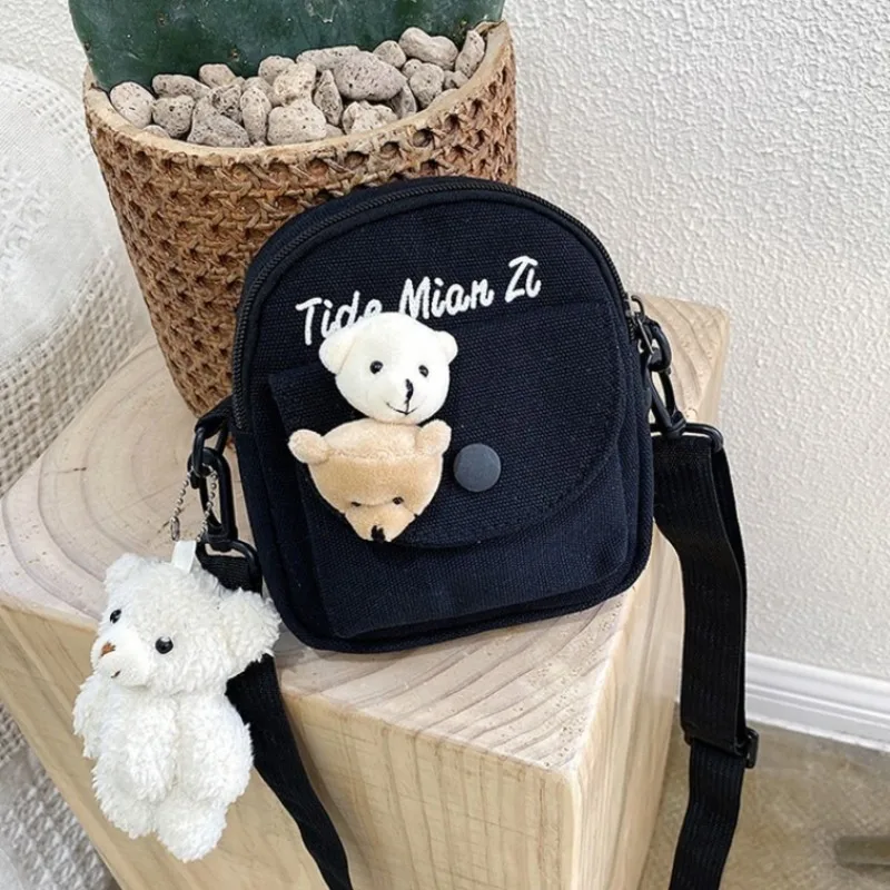 Cute Bear Canvas Mini Crossbody Bag with Pin Bear Pendant Adjustable Strap Snap Button Shoulder Purse for Girls Daily Travel