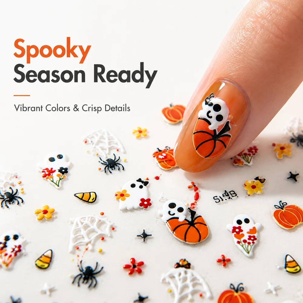 1Sheet Cartoon Fall Halloween Nail Stickers Stereo Dancing Skeleton Pumpkin Floral Ghost Waterproof Self Adhesive Nail Supplies