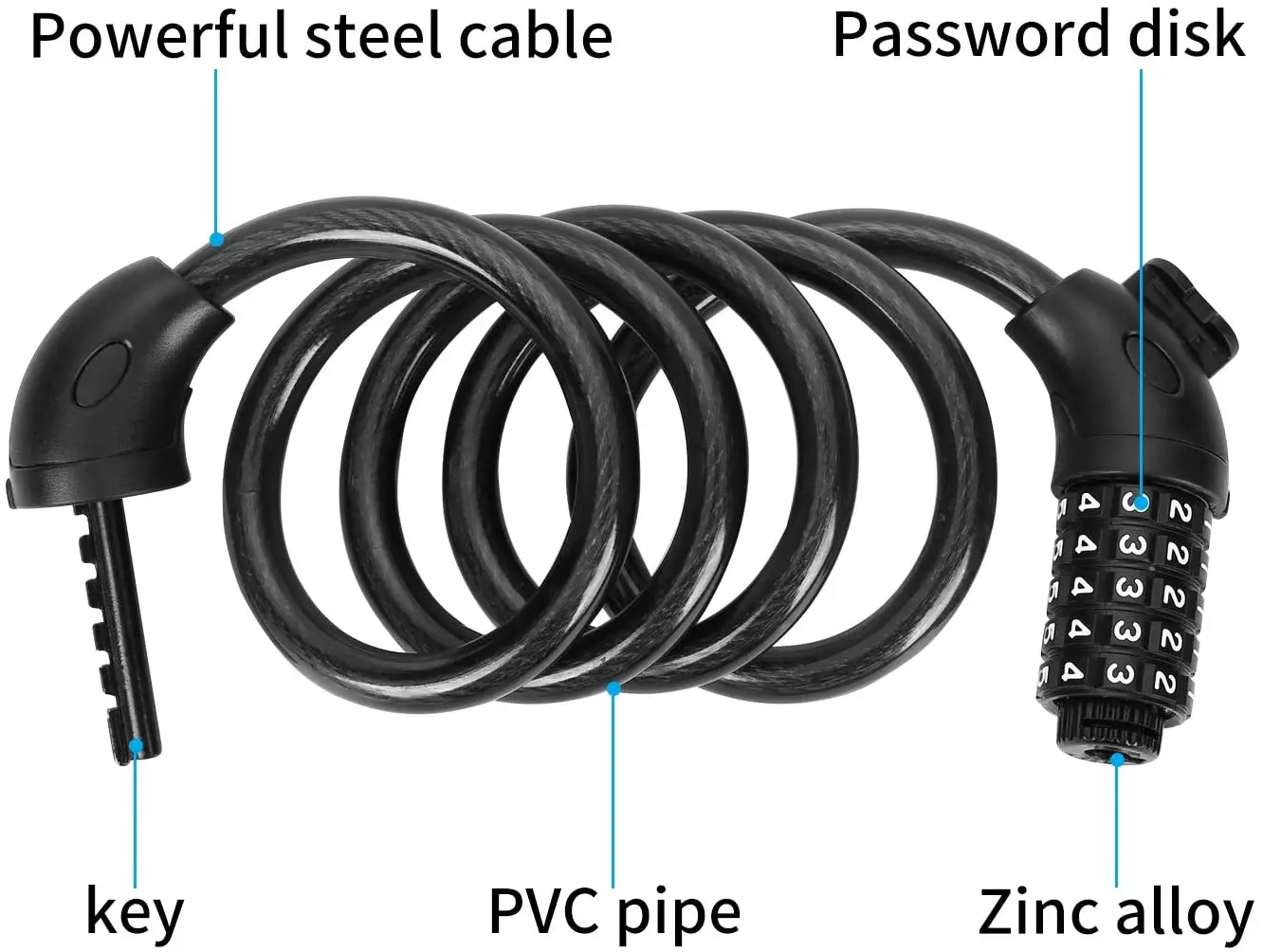 1.5M 5ft Bike Lock Scooter Bicycle Motorcycle Cable Chain Locks 5-Digit Secure Combination Heavy Duty Cables 0.5"/12mm Diameter