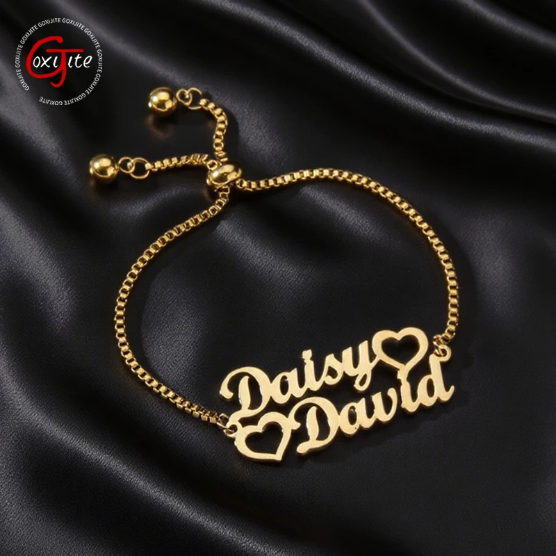 

Goxijite Custom Heart Stretchable Adjustable Bracelet Stainless Steel Personalized Name Letter Box Chain Bracelet Jewelry Gift