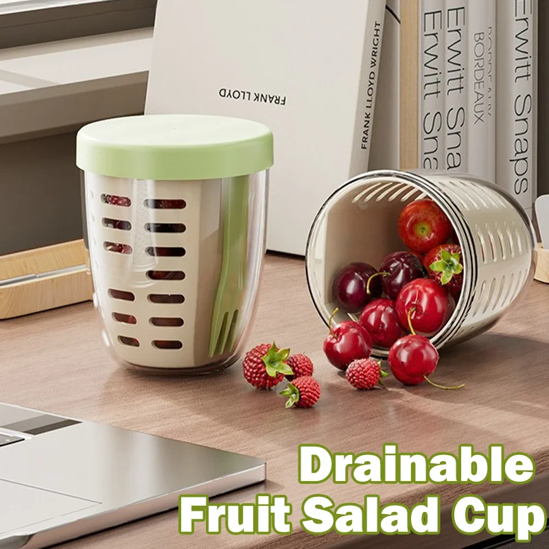 Caja portátil para ensalada Poke con tenedor, taza para frutas, contenedor sellado de gran capacidad para picnic, taza de plástico para frutas, verduras y comidas