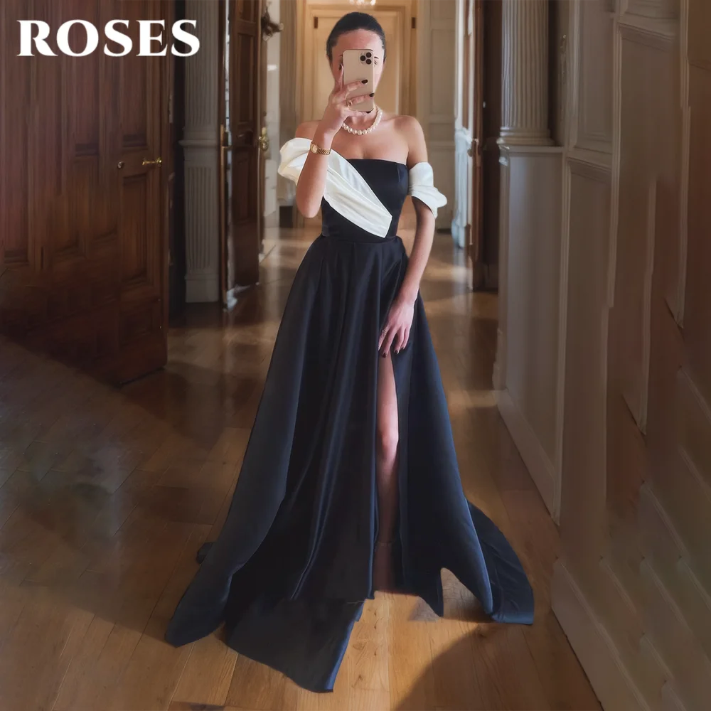 

ROSES Elegant Modern Style Prom Dresses Backless Off the Shoulder Prom Gown Satin Side High Split Formal Gown 프롬 드레스 Customized