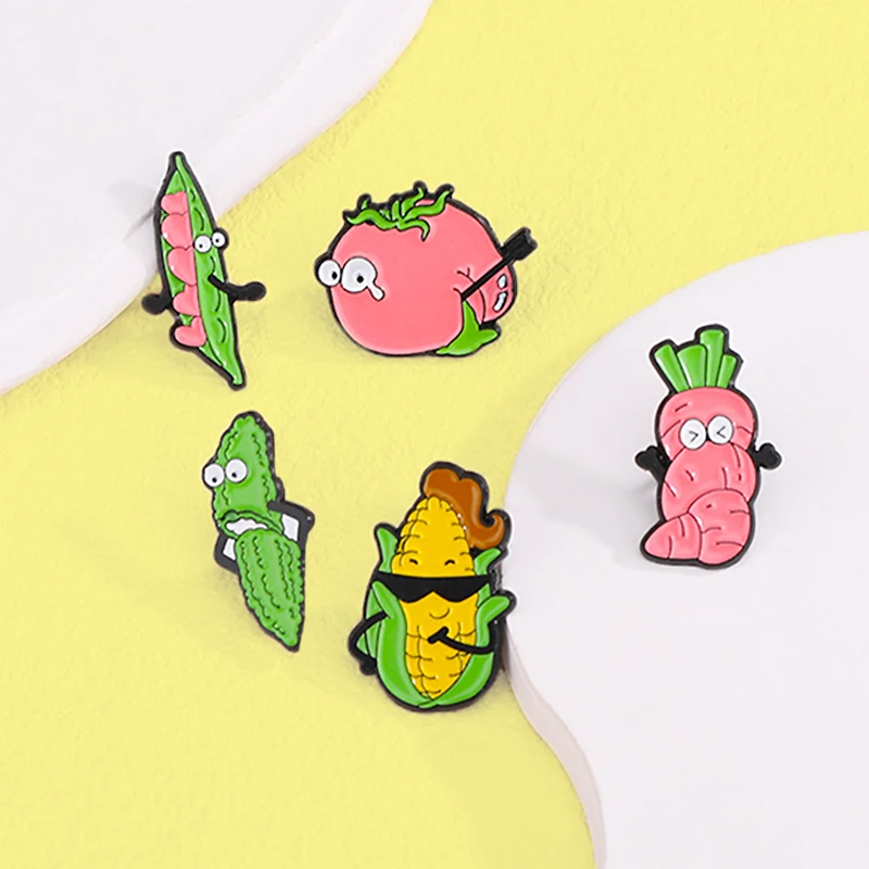 

Cute Fruit Vegetables Enamel Pin Carrot Mushroom Corn Tomato Balsam pear Green beans Brooches Badge Metal Lapel Jewelry For Kids