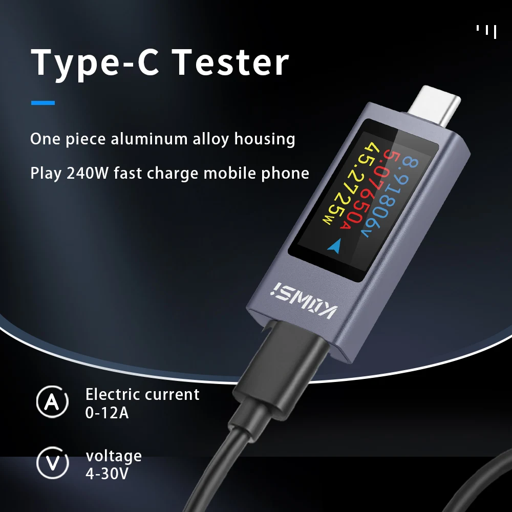 16 in 1 Type-C Tester DC 4-30V 0-12A Digital Voltmeter Ammeter Current Voltage Meter Amp Volt Detector Power Bank Charger Indica