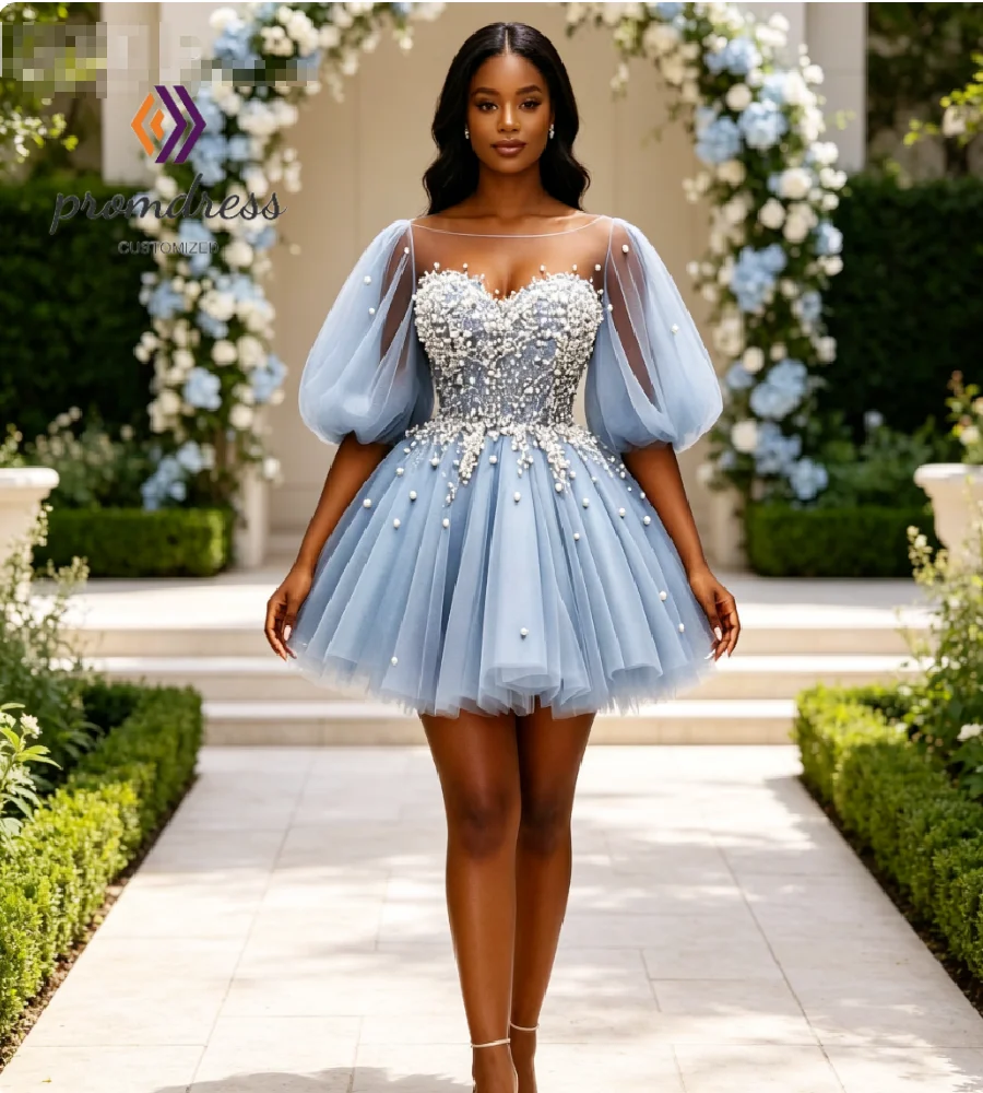 Dusty Blue Puff Bubble Homecoming Prom Dress 2026 African Black Girls A Line Mini Pearl Beaded Bodice Tulle Cocktail Dresses