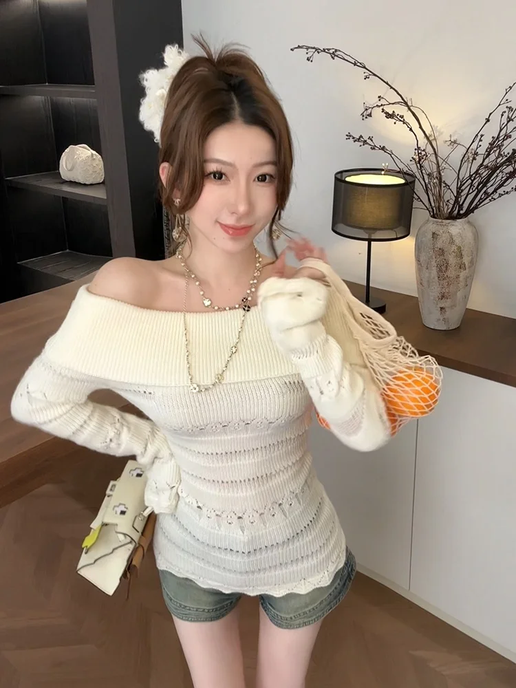 

Spicy oulder Knitted ort Top Hollow out Design Slim Fit Spring 2026 Faion Trend Ladies Sexy Sle Long Sve Crew Ne