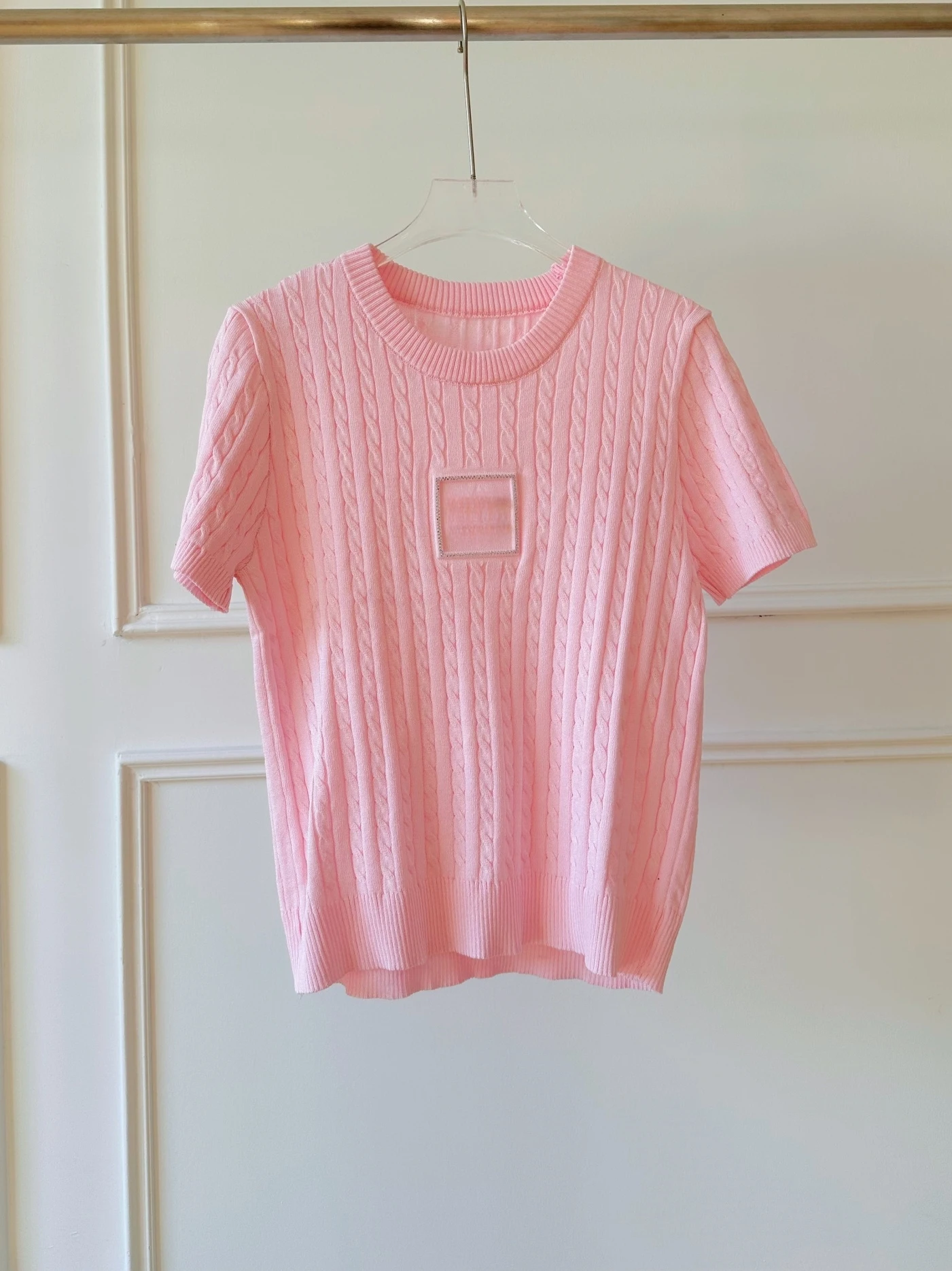 

Pink Knitted Short Sleeve T-Shirt Women's Casual Style Soft Fabric round Neck Comfortable Breathable Fashion Spring Summer