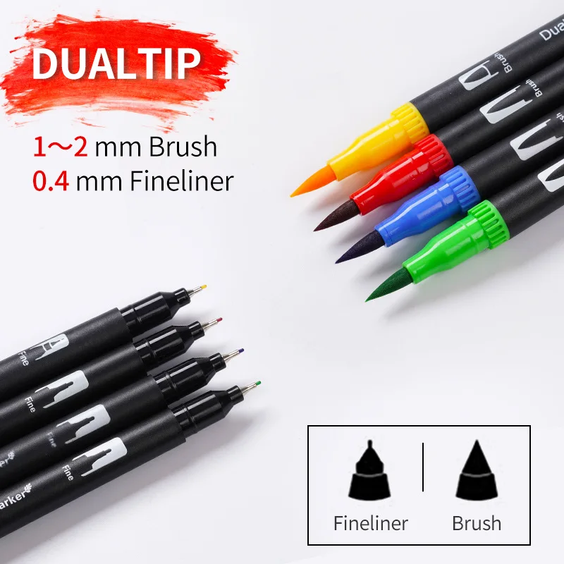 12 Color Set Dual Tip Art Marker Watercolor Brush Fineliner Pen Double Head Manga Comics Fine Liner For Sketch Drawing Painting