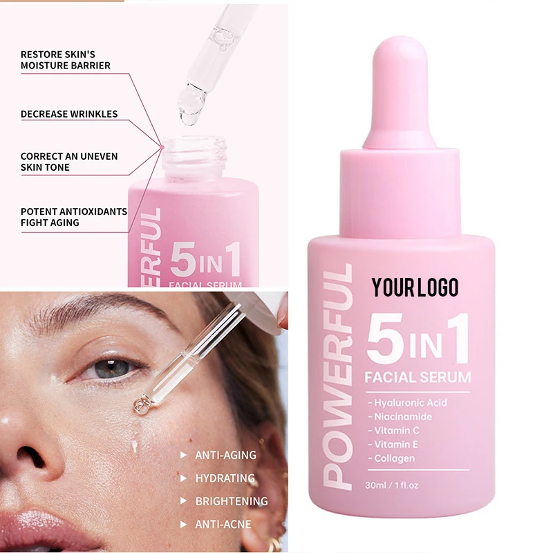 30ml de etiqueta privada 5 en 1 suero facial logotipo personalizado hidratante reafirmante iluminador aclarador maquillaje de arrugas cuidado de la piel facial rosa
