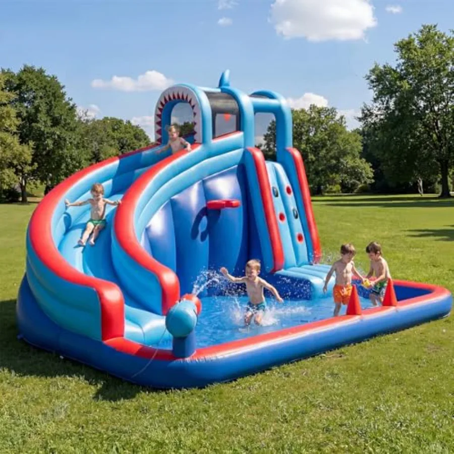 Backyard inflatable water slide for kids with 450W blower, PVC material, blue and yellow color, quick-setup and dual indoor/out
