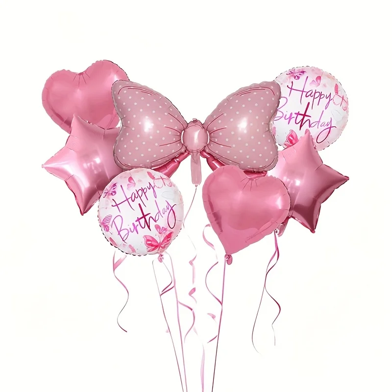 

7Pcs Pink Theme Bow Peach Heart Aluminum Film Balloon Set Happy Birthday Party Decoration Baby Shower Globos Supplies