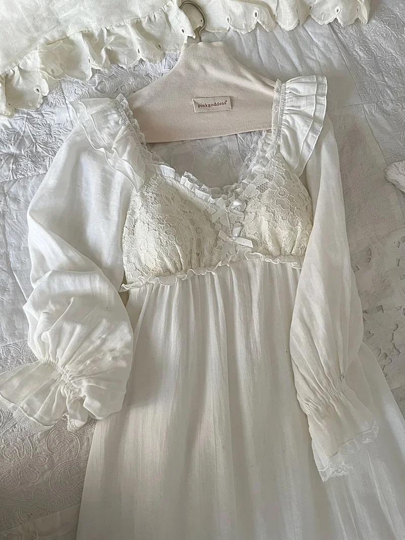 Women Pure Cotton Layer Gauze Lace Ruffles Vintage Night Gown Robe Long Dress Victorian Princess Sleepwear Nightdress Homewear