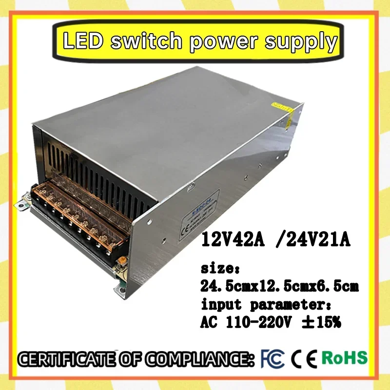 500W 220V AC to 12V 24V DC Switching Power Supply 42A 21A Adapter, LED Transformer Switching Power Box