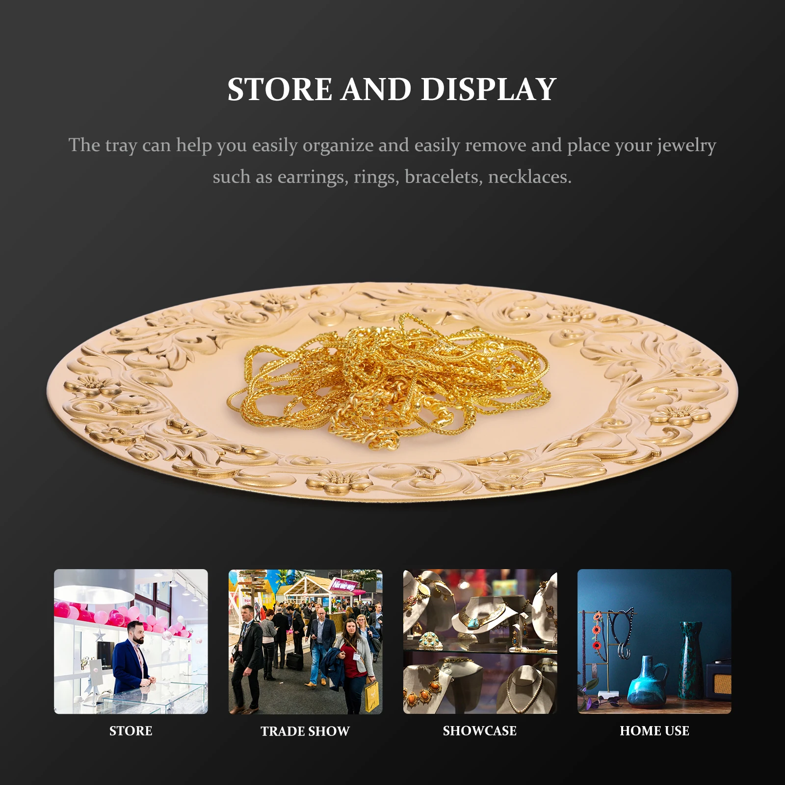 

Vintage Decorative Storage Tray Embossed Jewelry Organizer Plate For Rings Earrings Keys Trinket Display Dish Compact Round
