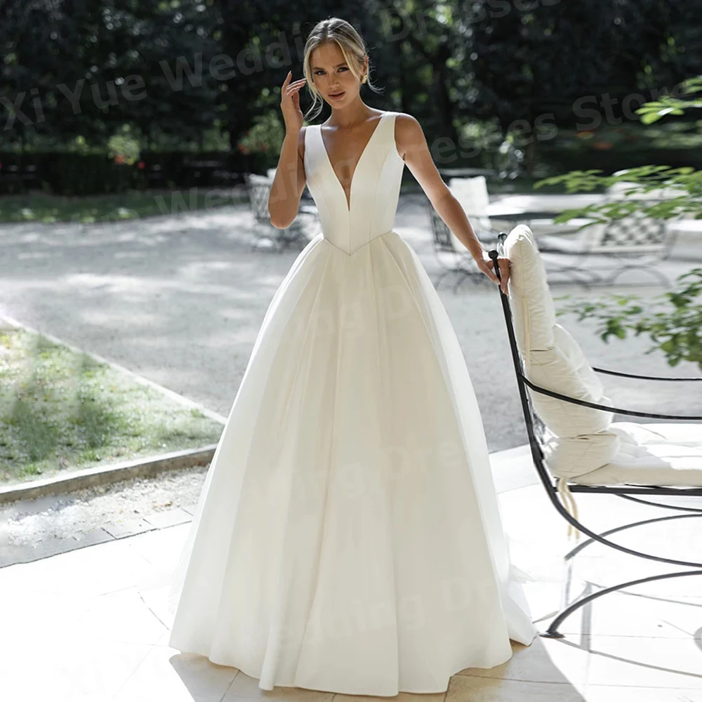 

Простые женские свадебные платья трапециевидной формы, очаровательное атласное платье с v-образным вырезом и открытой спиной, Vestido De Novia, платье невесты по индивидуальному заказу, без рукавов