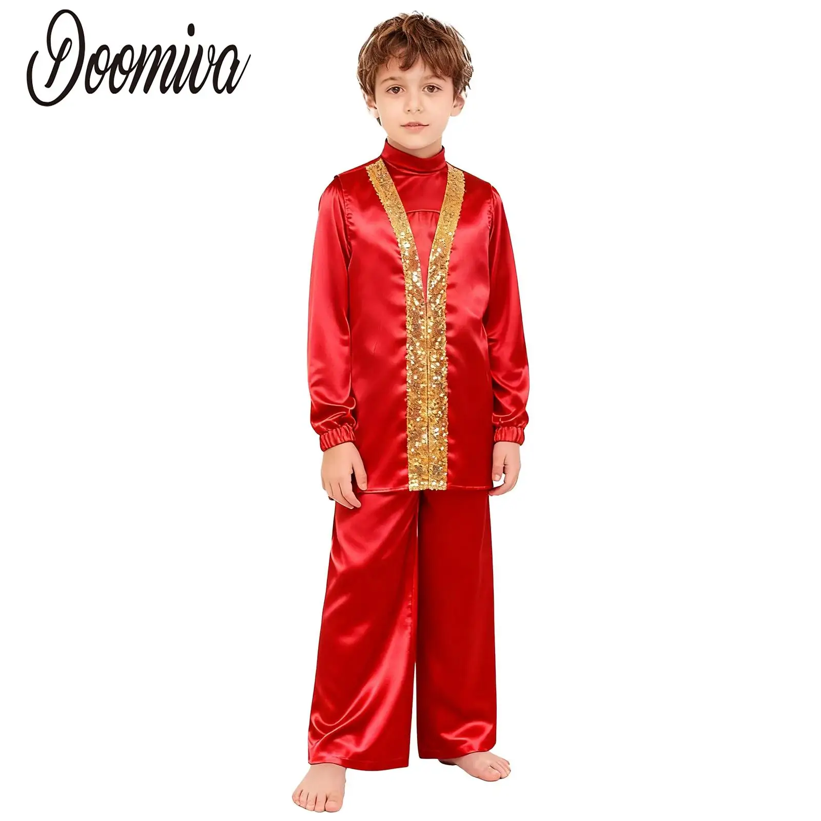 

Kids Boys Praise Dance Liturgical Worship Outfits Set Long Sleeve Zipper Satin Top and Pants Sides Split Sequins Sleeveless Robe
