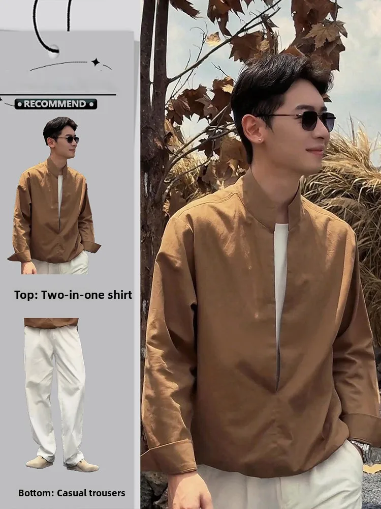 

Caramel Long Sleeve Linen Shirt Men's Early Autumn Complete Set Old Money Style Stand Collar Cardigan Coat Casual Loose Fit