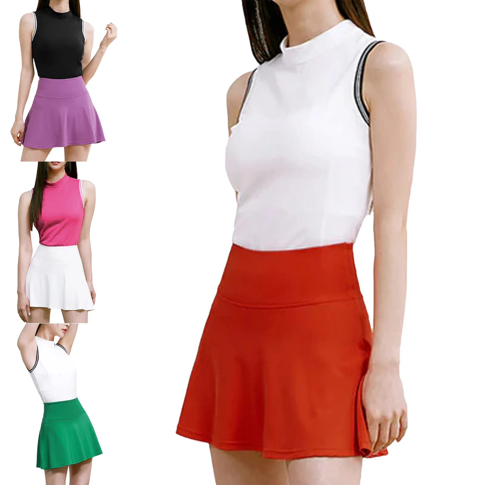 Contrast‑toned Top Matched with Protective Skirt, Suitable for Badminton, Tennis, Outdoor Ball Activities