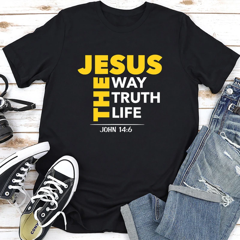 Jesus The Way Truth Life Printed New Style Women T Shirt Christian Religion Slogan Tops Believer Pray God Lady Summer Clothes