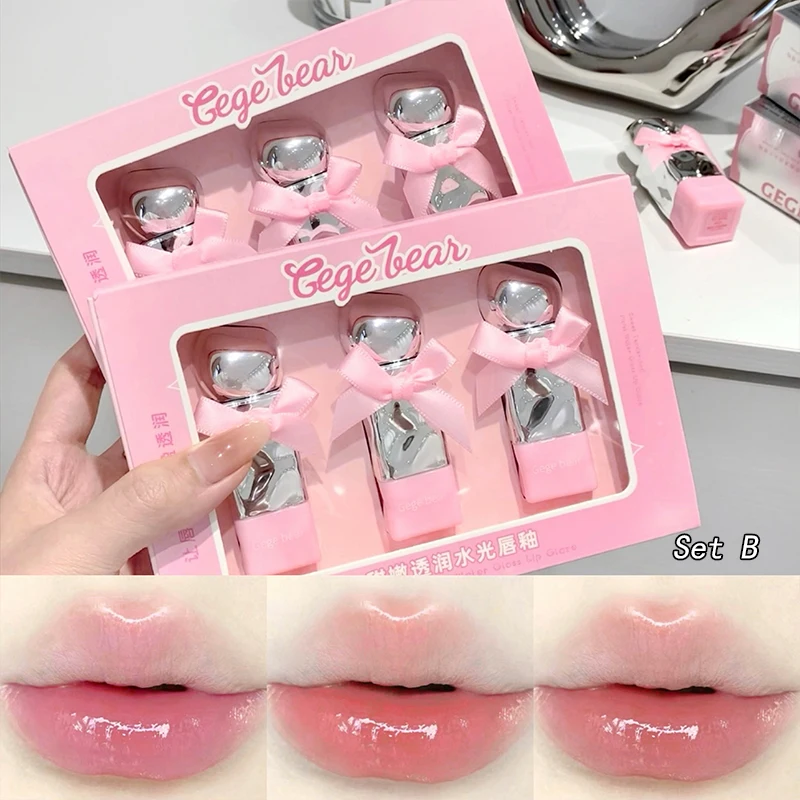 1/3Pcs Cute Pink Lip Gloss Waterproof Jelly Transparent Liquid Lipstick Beauty Cosmetics Mirror Water Lip Tint Gift Set Makeup