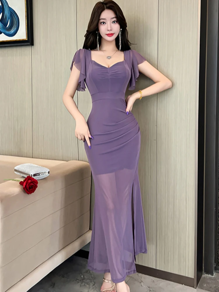 Abito lungo estivo con colletto quadrato e maniche a farfalla in rete viola Abito da donna elegante e trasparente Abito da club sexy 2025 Abito aderente coreano