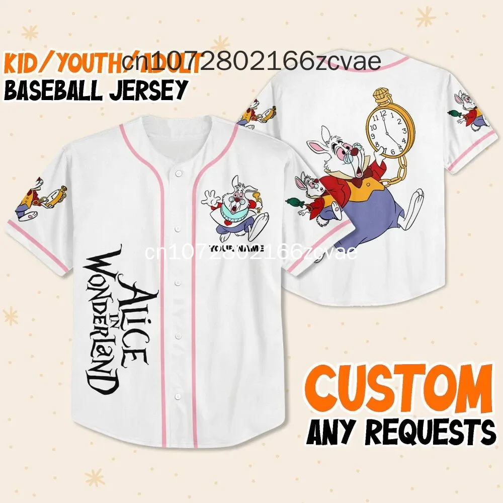 

Free Custom Disney Alice in Wonderland White Rabbit Baseball Jersey Men's and Women's Casual Fashion Street Baseball Shirts