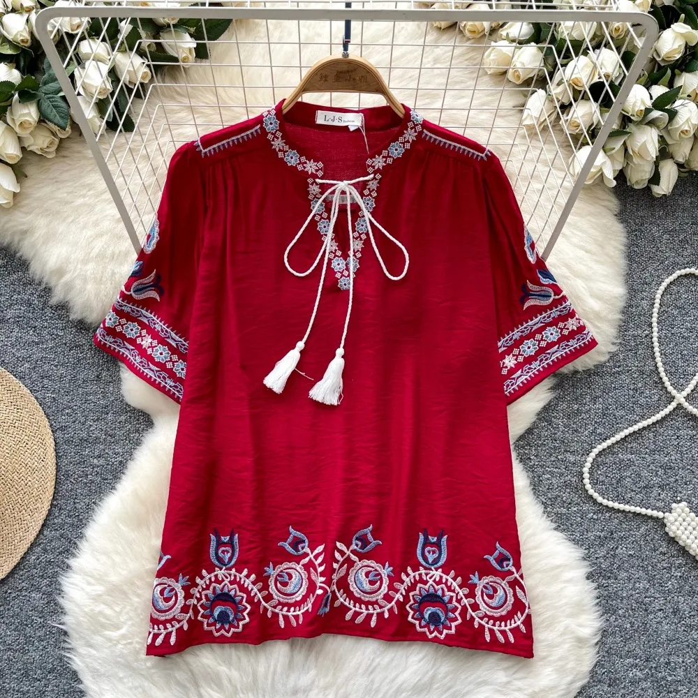 

Vintage Elegant Embroidery lace-up short sleeve Blouse Fashion V-neck Shirt Casual Chic Top Fairy Summer Women