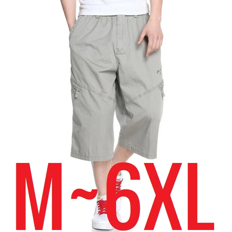 2024 Mens Casual Short Summer 3/4 Long Length Cargo Short Men Elastic Waist Cotton Bermuda Male Large Big Plus Size Breeches 6XL