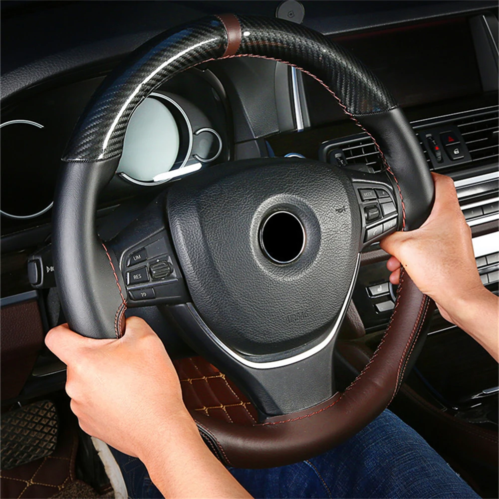 Carbon Fiber Car Steering Wheel Cover Universal Hand Sew DIY Stitch Leather Protector Braiding Cover For Steering Wheel 38 cm