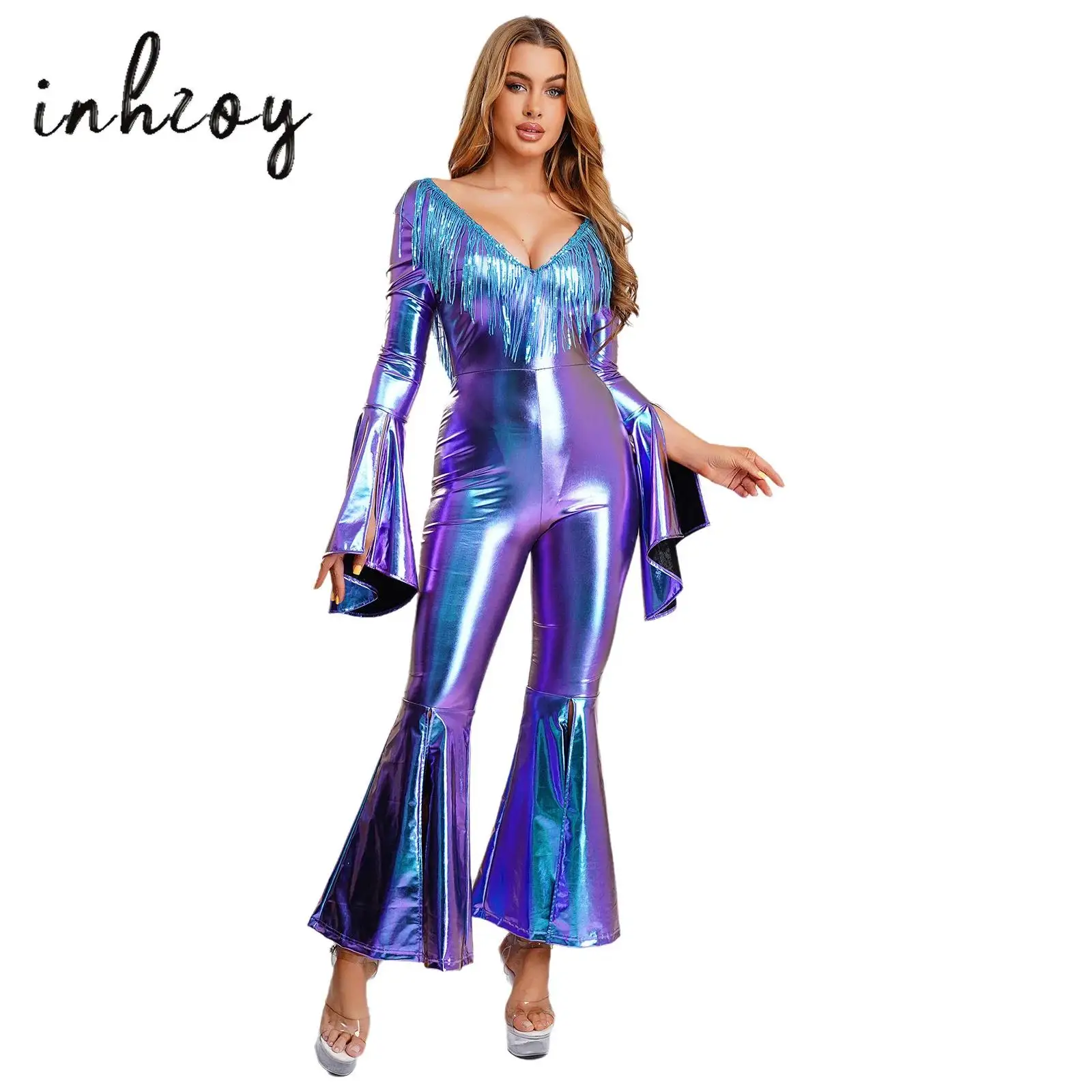 

Womens 70s 80s Disco Jazz Dance Jumpsuit V Neck Sequin Tassel Backless Flared Cuffs Legs Bodysuit Rompers Nightclub Clubwear