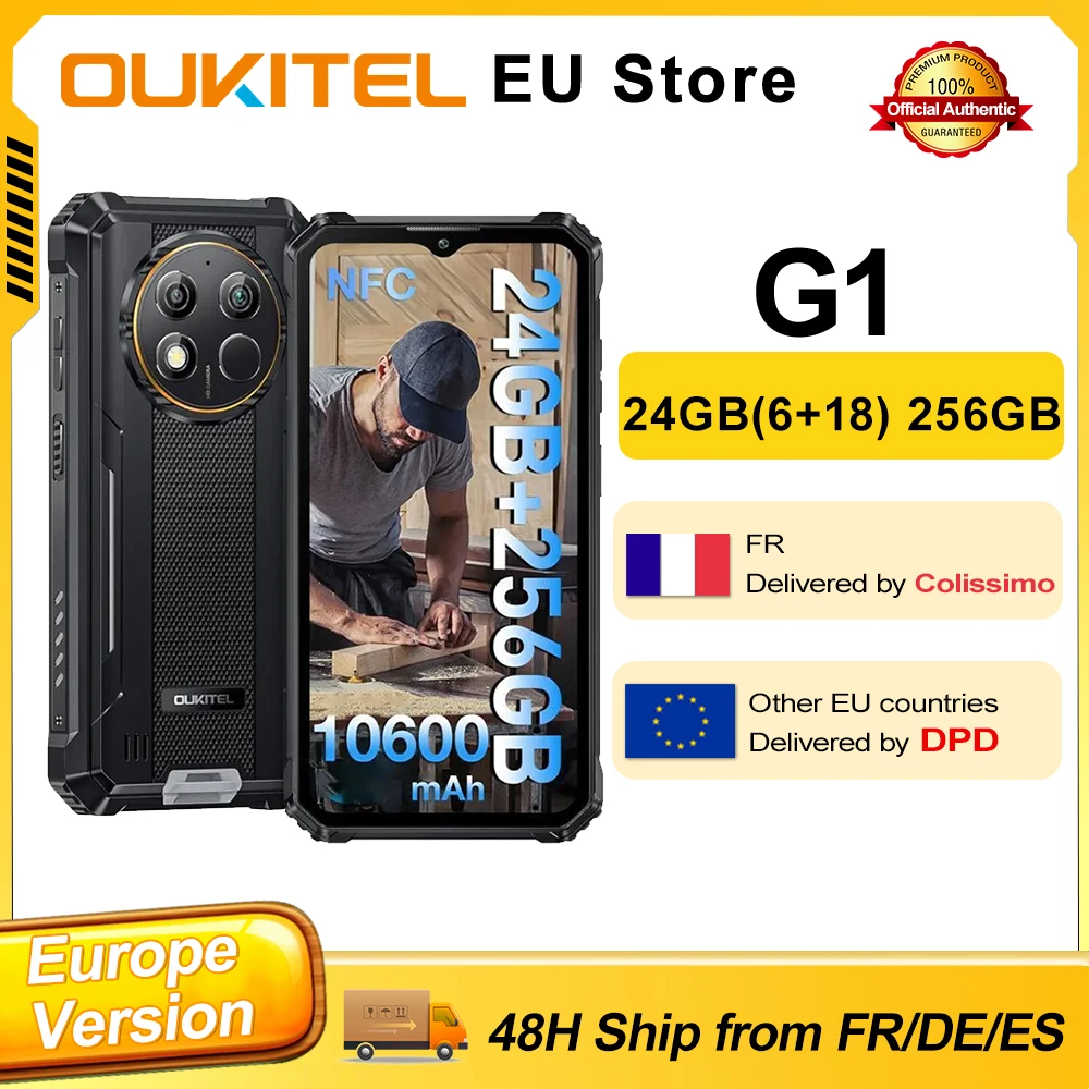 Smartphone OUKITEL G1 Android 14 24 Go (6+18) RAM 256 Go ROM 10600 mAh Charge 18 W Écran 6,52 pouces HD+ Appareil photo 48 MP Téléphones portables