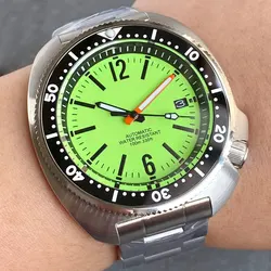 Tandorio NH35A Lume Green Dial 44mm Automatic Men Diving Watch 200M Waterproof Sapphire Crystal Ceramic Insert Steel Bracelet