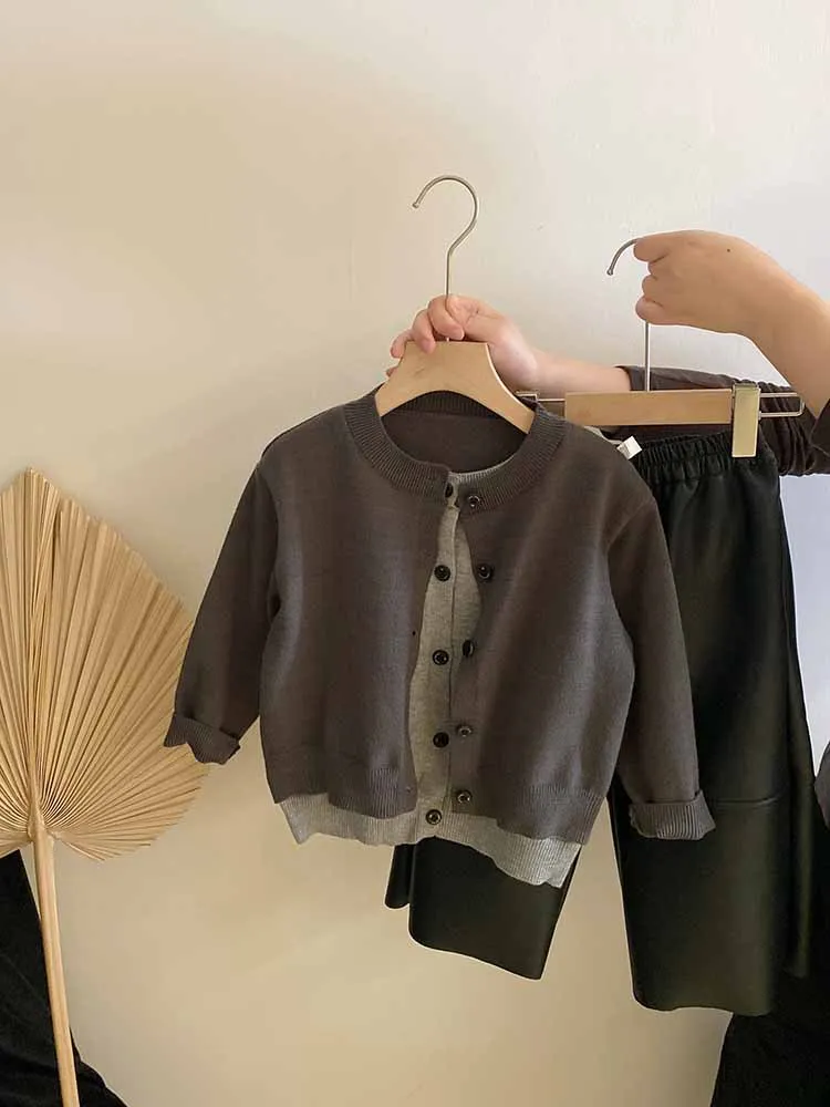 

Simple Autumn Winter Set New Girls' Fake Two-Piece Knitted Sweater Cardigan Fashion Fleece Warm Leather Pants Trend