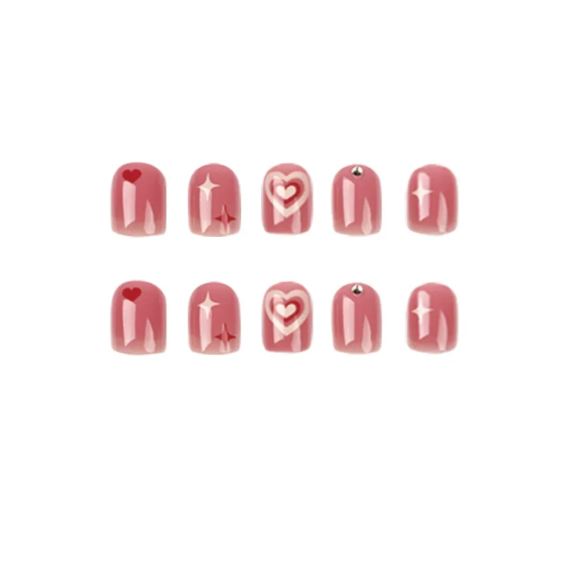 Artificial Pink Blush Coração Pregos Falsos com Cola, Unhas Postiças Quadradas Curtas, Adesivo, Pressione as Unhas, Acrílico Nail Art, Doce, 24Pcs