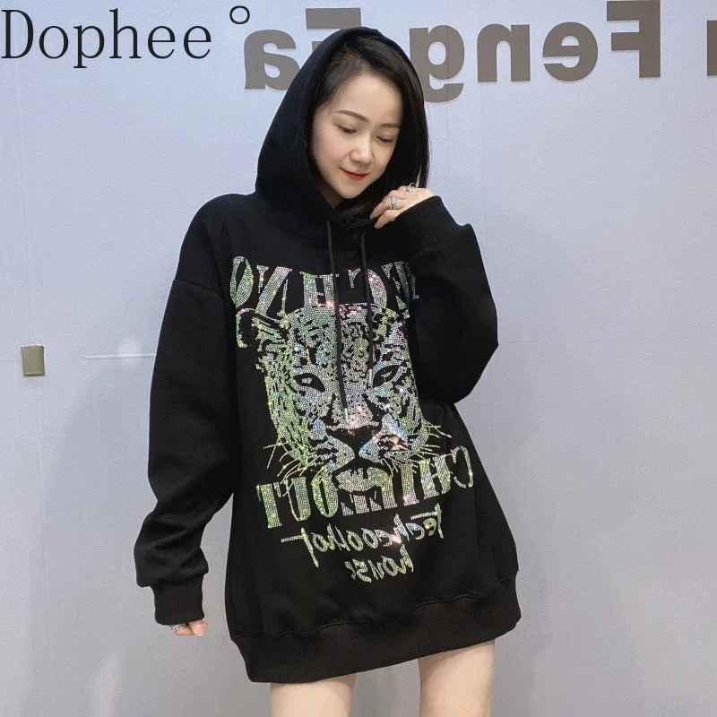 Domineering Wings Hot Drilling Sweatshirt 2025 New Spring Men/women Hooded Pullover Top Streetwear Mid-long Black Loose Hoodies