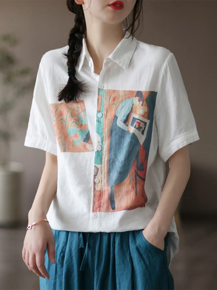 

Свободный хлопок и лен ort Sve irt, двухслойный хлопок с принтом Tead, антивозрастной корейский японский бренд Tagl Ne