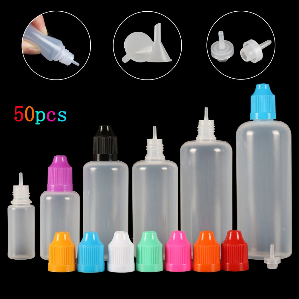 50pcs(5ml-120ml) Dropper Bottles LDPE Empty Squeezable Eye E Liquid Juice Smoke oil Container CRC Cap Dropper Tip + Funnels