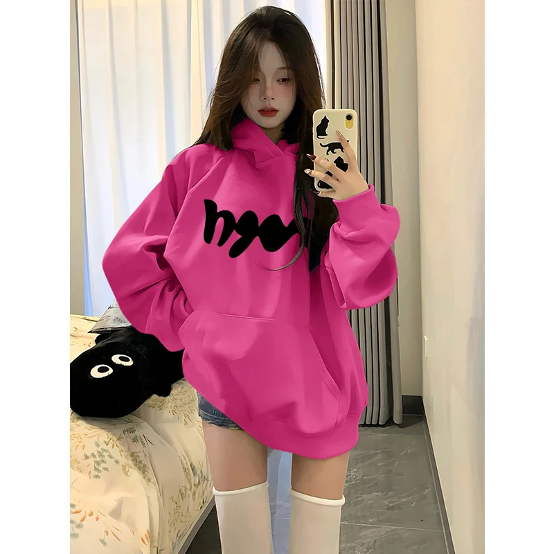 트렌디한 후드 롱 스웨트셔츠 여성용 루즈 슬림핏 스트리트 스타일 안감 있는 레트로 레이지 코트 레터 프린트